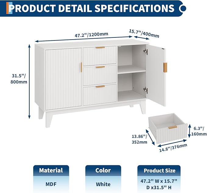 Garvee 47.2" Fluted Buffet Cabinets with Storage, Sideboard Storage Cabinet with 3 Drawers and 2 Doors, Modern Mid Century TV Stand Coffee Bar Furniture for Living Room, Kitchen, Entryway- White