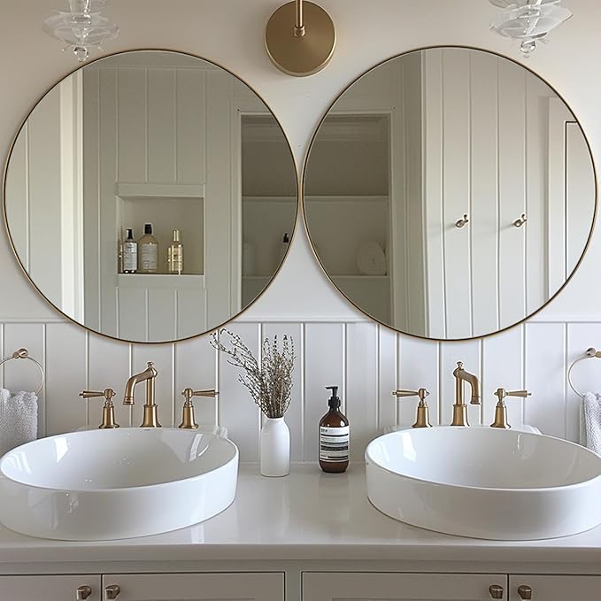 ANDY STAR Gold Round Mirror, 24’’ Brushed Gold Circle Bathroom Mirrors in Stainless Steel Metal Frame 1" Deep Set Design