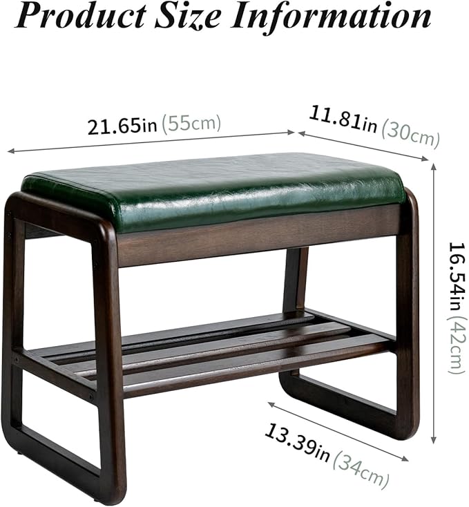 Shoe Bench, Entryway Bench with Leather Cushion, Solid Wood Shoe Rack, Mid Century Modern Bench, Shoe Storage, Shoe Organizer for Entryway (Green, 21.7" W)