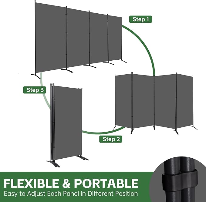 YASRKML Room Divider Folding Privacy Screens, Portable Room Divider Panel 4 Panel Partition Room Dividers Screen, Freestanding Room Partitions and Dividers Fabric Dividers for Room Separation, Grey