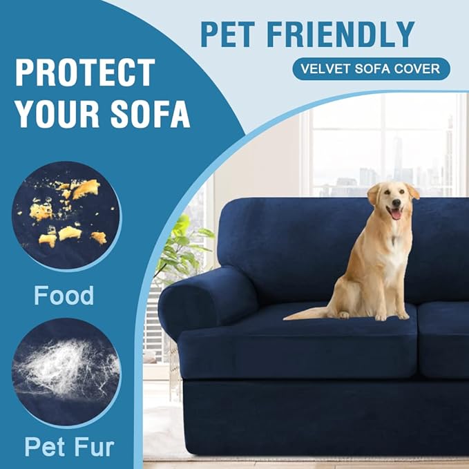 H.VERSAILTEX Sofa Slipcovers - Thick Velvet Couch Covers for 3 Cushion Couch with 3 Individual T Cushion Covers, Navy