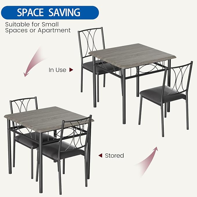 IDEALHOUSE Dining Table Set for 2, Square Dinner Table Sets with 2 Upholstered Chairs, Small Kitchen Table and Chairs for 2, Corner Dining Room Table Set for Apartment, Small Space, Dinner, Retro Gray
