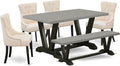 East West Furniture V696FR102-6 6 Piece Dining Set Contains a Rectangle Dining Room Table with V-Legs and 4 Light Beige Linen Fabric Upholstered Chairs with a Bench, 36x60 Inch, Multi-Color