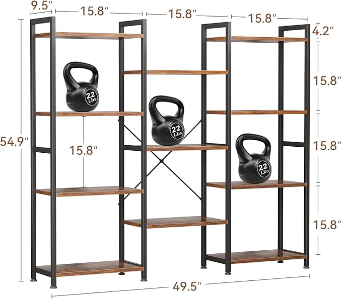Casaottima Triple 4 Tier Bookshelf, Large Bookcase with 11 Open Display Shelves, Modern Industrial Book Shelves Book Case for Bedroom, Wide Standing Shelving Unit for Living Room Home Office, Vintage