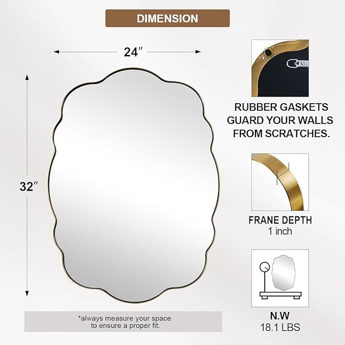 ANDY STAR Brushed Gold Scalloped Mirror - 24x32 Bathroom Mirror, Vintage Oval Wavy Wall Mirror, Brass Anti-Rust Stainless Steel Frame, Hang Vertical or Horizontal