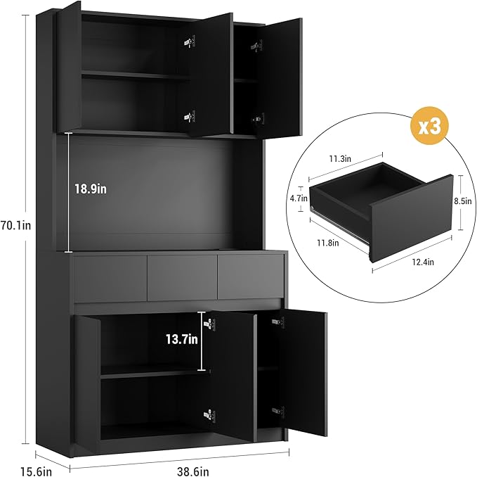 Garvee Kitchen Pantry Storage Cabinet, Tall Storage Cabinet with Doors and Shelves, Kitchen Storage Hutch with Microwave Stand, Led Lights and Charging Station,Corner Pantry Cabinet,Black