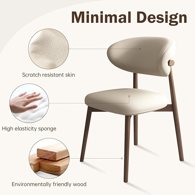 Upholstered Dining Chairs Set of 2,Mid Century Modern Kitchen Chairs with Back and Wood Frame,Faux Leather Dinner Chairs (White + Black Legs, Set of 2)