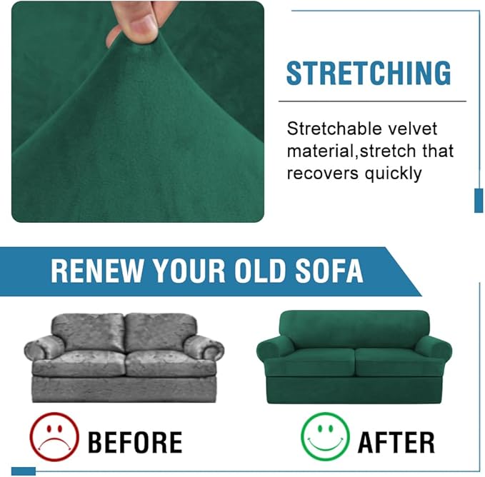 H.VERSAILTEX Sofa Cover 3 Piece T Cushion Sofa Slipcovers Thick Velvet Couch Cover Stretch T Cushion Sofa Covers for 2 Cushion Couch with 2 Individual T Cushion Covers, Vintage Green