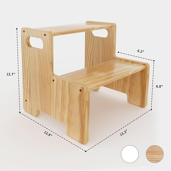 Wooden Step Stool,Two Stepping Stool for Kids/Adults,Supports 300 lbs Toddler Foot Stool,Toilet/Kitchen/Bed Step Stool,White 1 Pack