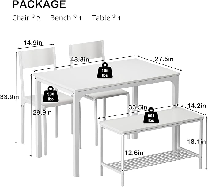 SogesHome Dining Table Set with 2 Chairs and 1 Bench, Bar Set Kitchen Table and Chairs for Dining Room Resturant Bistro Set, Pure White