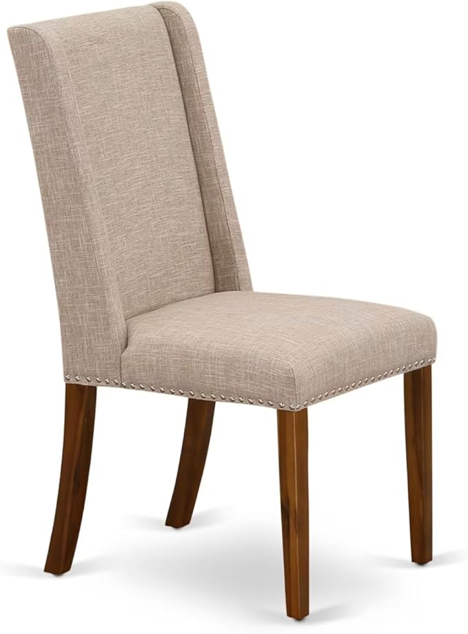 NEFL9-AWA-04-9-Piece Kitchen Set Consists of a Dinner Table and 8 Light Tan Linen Fabric Parson Chairs with Padded Chair Back - Antique Walnut Finish.