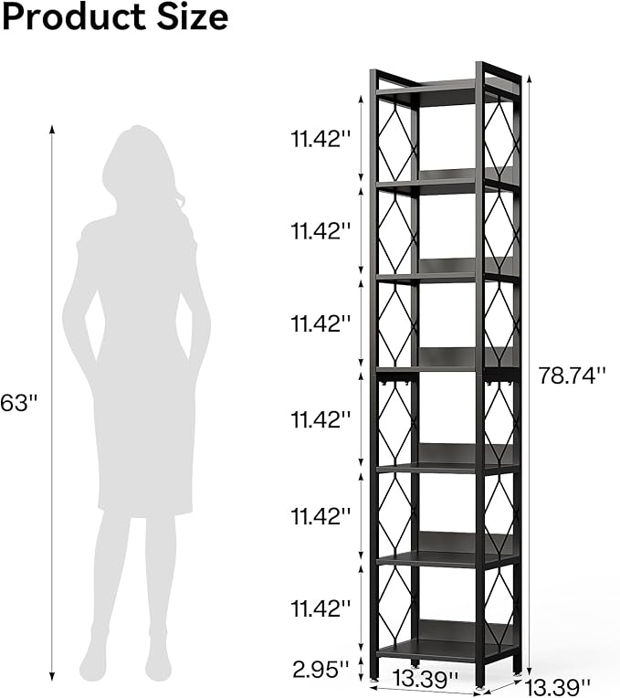 LITTLE TREE Book Shelf Set of 2, 7-Tier Tall Bookcase, Wooden Display Shelves with Metal Frame for Living Room, Modern Narrow Standing Bookshelves for Bedroom, Black Office Shelf for Small Spaces