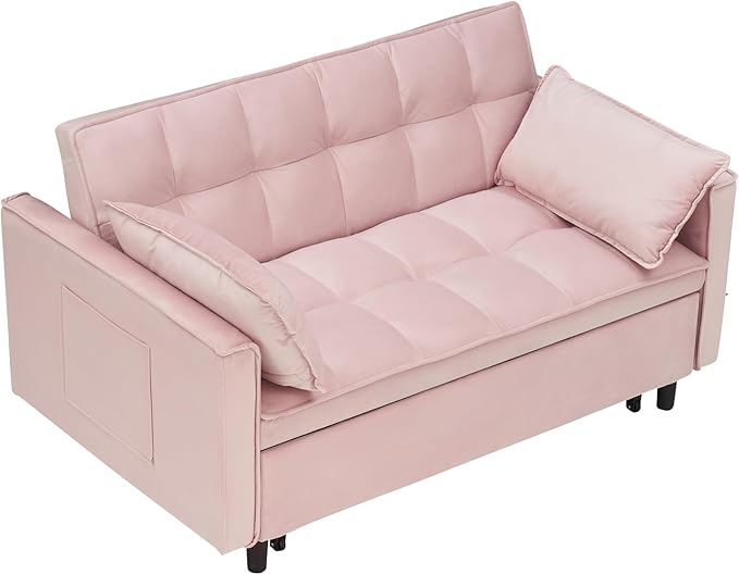Ball & Cast 3 in 1 Convertible Sleeper Sofa Bed,Velvet Futon Couch with Pull-Out Bed,Convertible Pull Out Couches W/ 2 Pillows,Adjustable Backrest & Side Pocket,for Living Room,Apartment,Pink,55"