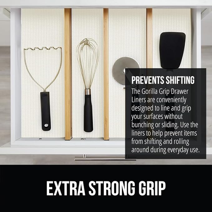 GORILLA GRIP powerGRIP Drawer Shelf and Cabinet Liner, Thick Strong Hold, Non-Adhesive Liners Protect Kitchen Cabinets and Cupboard, Bathroom Drawers, Easy Install, Breathable Mat, 17.5" x30', White