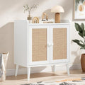 Buffet Cabinet, Rattan Storage Cabinet with Round Pull Rings, Sideboard with Ample Storage, Bar Liquor Shelf with 2 Doors for Living Room, Hallway, White