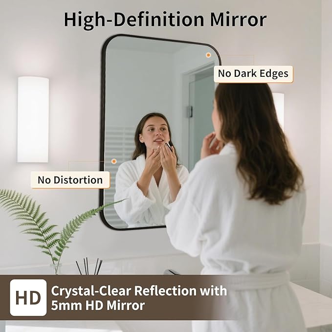 Black Bathroom Mirror, 24x32 Inch Aluminum Frame Rectangle Mirror, Anti-Rust, Tempered Glass, Wall Mirror for Over Sink, Vanity, Bedroom, Entryway, Horizontal/Vertical