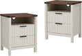 Antique White Nightstand with Charging Station Set of 2-20 Inch Wide Farmhouse Fluted Bedside Table with 2 Drawers, Modern Wood End Side Table for Bedroom Study Storage Home