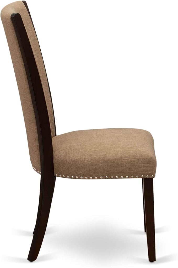 East West Furniture VEP3T47 Verona Modern Parson Chairs - Nailhead Trim Light Sable Linen Fabric Upholstered Dining Chairs, Set of 2, Mahogany