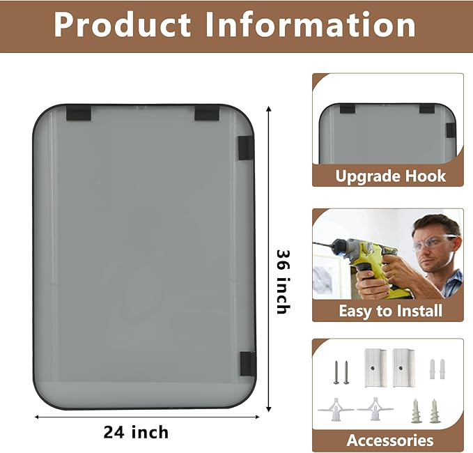 Matte Black Mirror, 24"x36" Rectangle Bathroom Mirror, Metal Frame Rectangle Corner Vanity Mirror, Wall Mounted Mirror for Modern, Living Room, Bedroom, Horizontal Or Vertical