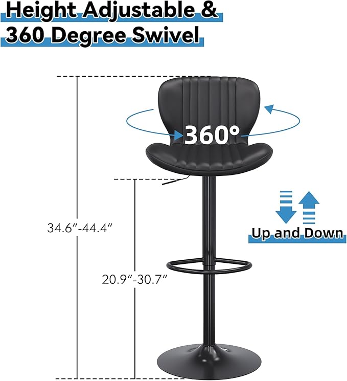 Shintenchi Bar Stools Set of 6 Modern Swivel Bar Chairs, Counter Height Faux Leather Metal Barstools, Upholstered Island Chairs with Back and Footrest, Black