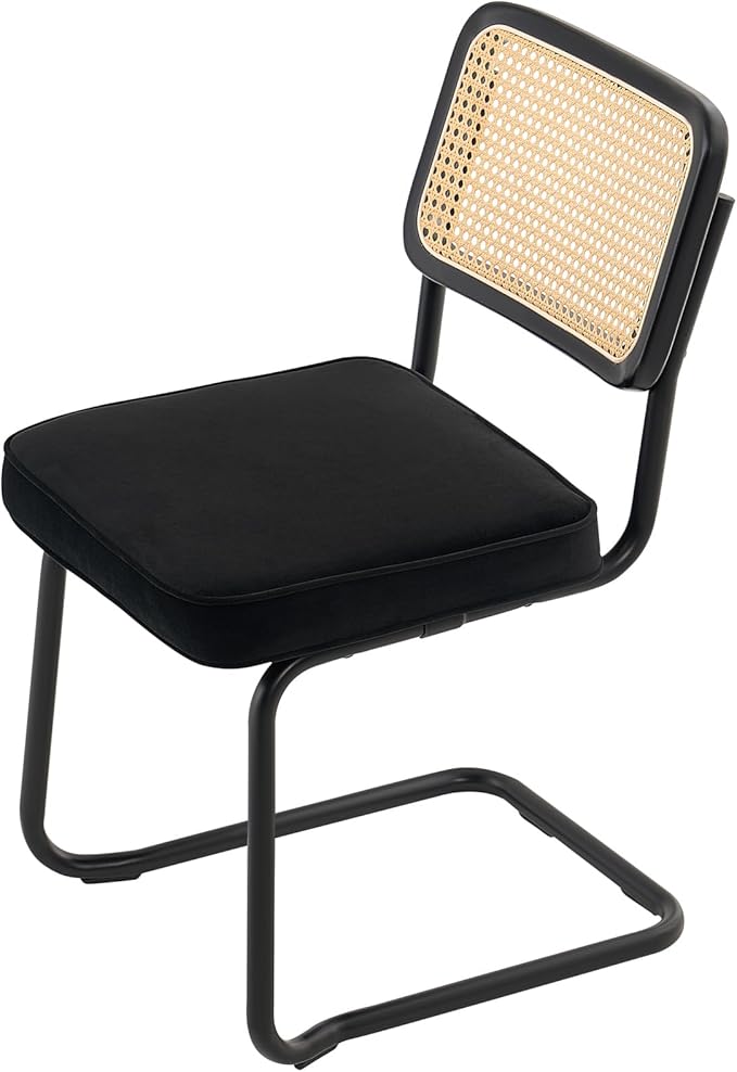 VEVOR Rattan Dining Chairs Set of 4, Mid Century Modern Dining Chair, Upholstered Velvet Accent Chair with Rattan Back, Retro Dining Room Kitchen Chair for Living Room, Bedroom (18.1 Inch)