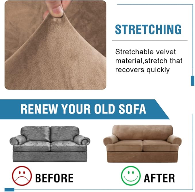 H.VERSAILTEX Sofa Cover 3 Piece T Cushion Loveseat Slipcovers Thick Velvet Couch Cover Furniture Protector Stretch T Cushion Sofa Covers for 2 Cushion Couch with 2 Individual T Cushion Covers, Camel