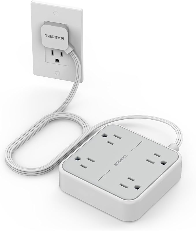 10 FT Surge Protector Power Strip, TESSAN Extension Cord Flat Plug with 4 Widely Outlets Extender, Indoor Desk Charging Station with Surge Protection for Home, Office Supplies, Dorm Room Essentials
