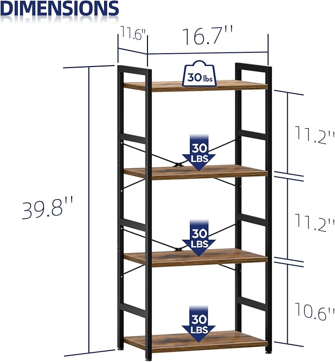 NUMENN 4 Tier Small Bookshelf, Industrial Bookcase Shelf Storage Organizer, Modern Book Shelf for Bedroom, Living Room and Home Office, Vintage