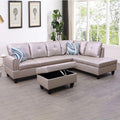 Latte L-Shaped 3-Piece Faux Leather Sofa with Storage Ottoman Set, Sectional Couch Sofa Set for Living Room, Office, Small Space
