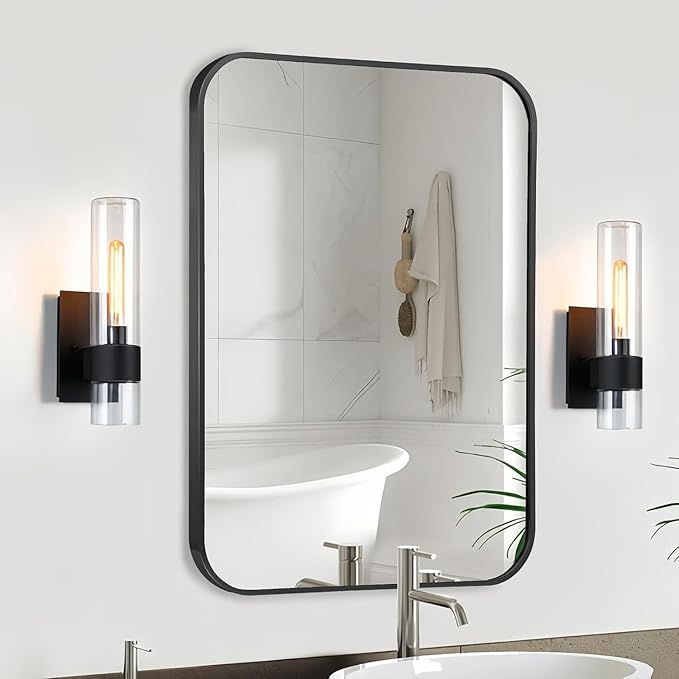 Black Bathroom Mirror, 40x30 Inch Matte Black Mirror, Aluminum Alloy Framed Vanity Mirror, Rounded Rectangle Bathroom Mirror for Over Sink, Anti-Rust Wall Mirror (Horizontally or Vertically)