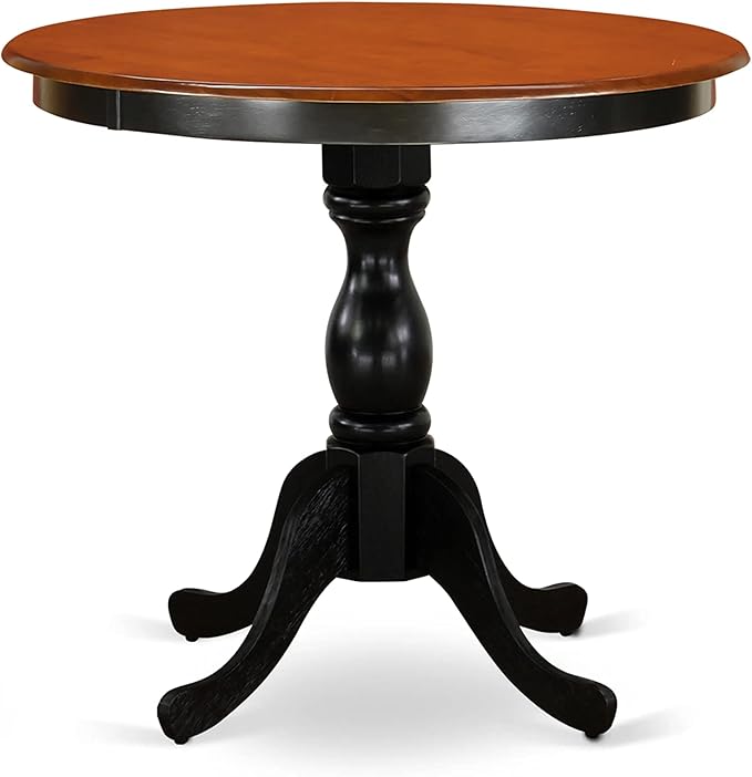 East West Furniture ESEN3-BCH-69 3 Piece Kitchen Table & Chairs Set Contains a Round Dining Room Table with Pedestal and 2 Black Faux Leather Parson Dining Chairs, 30x30 Inch, Black & Cherry