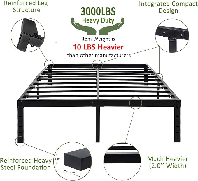 45MinST 18 Inch Platform Bed Frame/Easy Assembly Mattress Foundation / 3000lbs Heavy Duty Steel Slat/Noise Free/No Box Spring Needed,Queen
