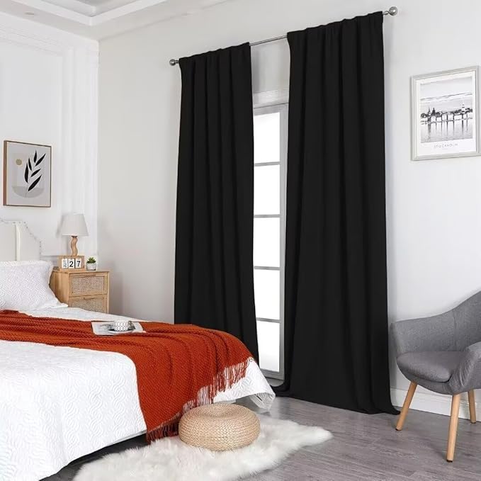 Joydeco Natural Linen Curtains 90 inch Length 2 Panels Set Burg 100% Blackout Patio Door Curtain Room Darkening Sliding Door Curtains Thermal Insulated Back tab Rod Pocket(105x90 inch, Black)
