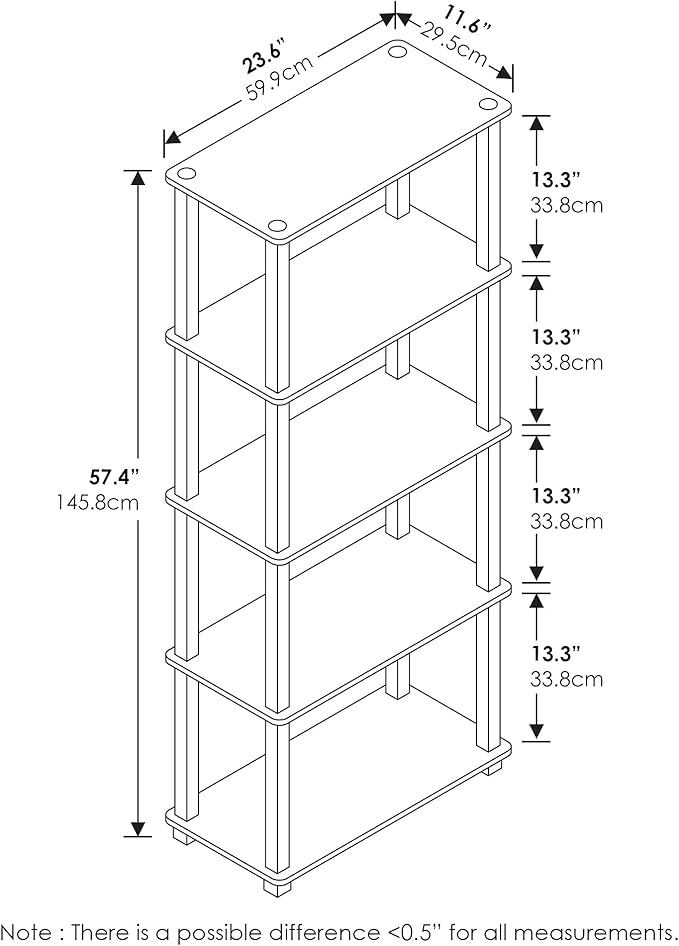 Furinno Turn-N-Tube 5-Tier Multipurpose Shelf / Display Rack / Storage Shelf / Bookshelf, Square Tubes, Walnut/Brown
