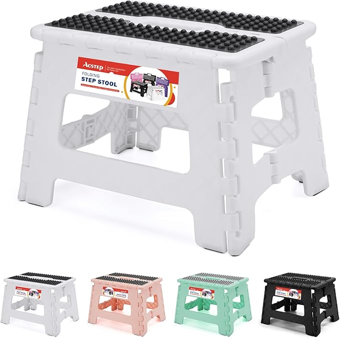 ACSTEP 9 Inch Folding Step Stool 300 LB Capacity Non Slip Foot Stool with Handle Plastic Foldable Step Stools for Kids Stepping Stool for Bathroom Black Small Step Stool (1 PC White)