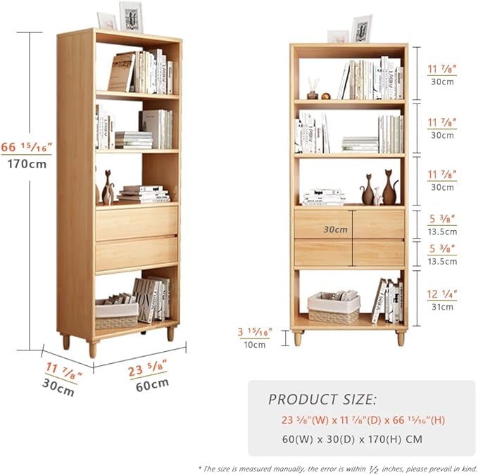 IOTXY Oak Mid-Century Bookcase with Legs - 67" Tall Open Shelves Cube Billy Bookshelf with Double Drawers for Home and Office