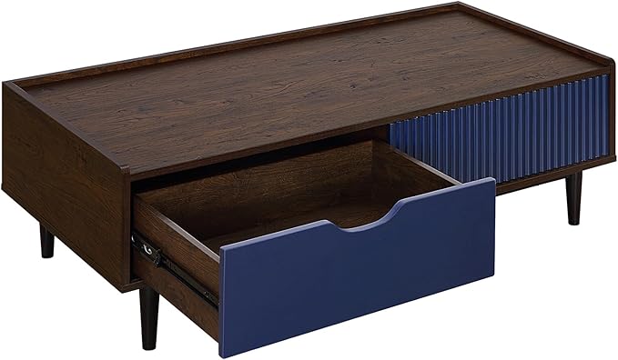 Manhattan Comfort Duane Mid Century Modern Ribbed Nightstand and Coffee Table with Storage, Living Room Furniture with Cabinet, Shelves and Iron Metal Feet, Set of 2, Navy Blue