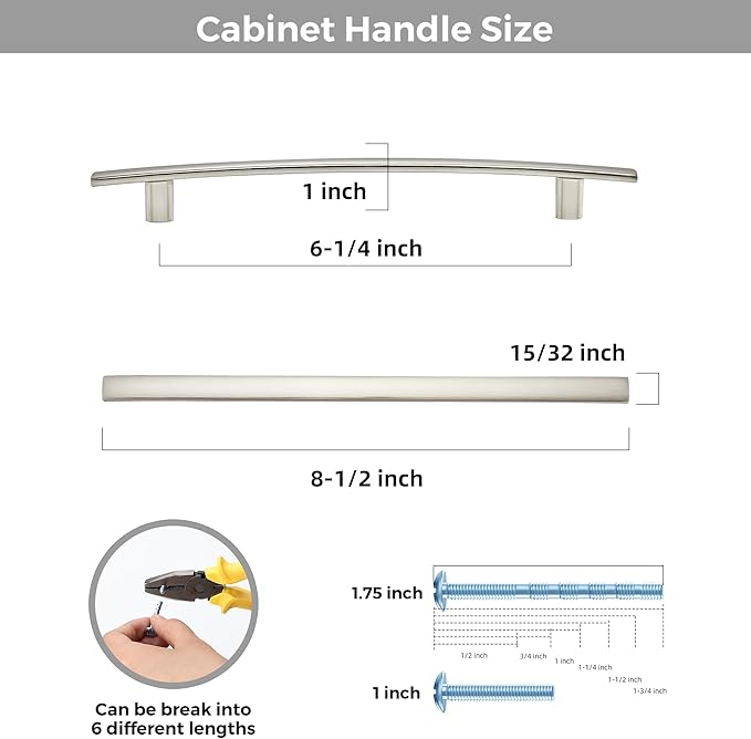 10 Pack Cabinet Handles 6.25" Hole Center - Curved Cabinet Pulls Brushed Nickel Drawer Pulls for Kitchen Cupboard Solid Hardware for Dresser Drawer Arch Hardware