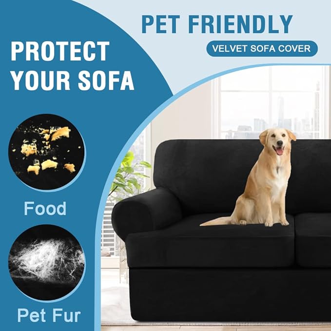 H.VERSAILTEX Sofa Cover 3 Piece T Cushion Sofa Slipcovers Thick Velvet Couch Cover Furniture Protector Stretch T Cushion Sofa Covers for 2 Cushion Couch with 2 Individual T Cushion Covers, Black