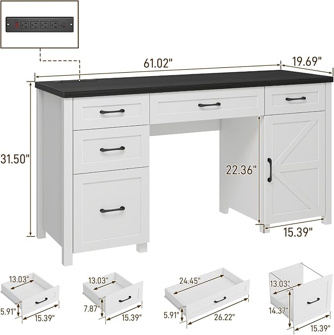 Farmhouse 61'' Executive Desk with 5 Drawers, Rustic Office Desk Computer Desk with Charging Station, File Drawers and Storage Cabinet, Wood Workstation for Home Office and Study.(Black Top)