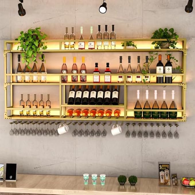 Metal Wall-Mounted Wine Rack with LED Light - 3 Tier Wine Storage Display Rack with Glass Holder - Space-Saving Bottle Display Shelf for Home Bars, Dining Rooms(Gold, 71in/180cm)