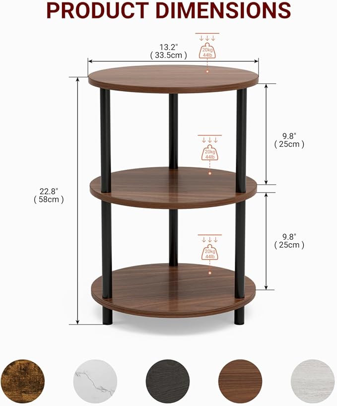 Small Round End Table - 3 Tier Design Accent Table, Narrow Side or Bedside Stand, Industrial Vintage Nightstand for Bedroom, Living Room, or Small Spaces, Rustic Walnut