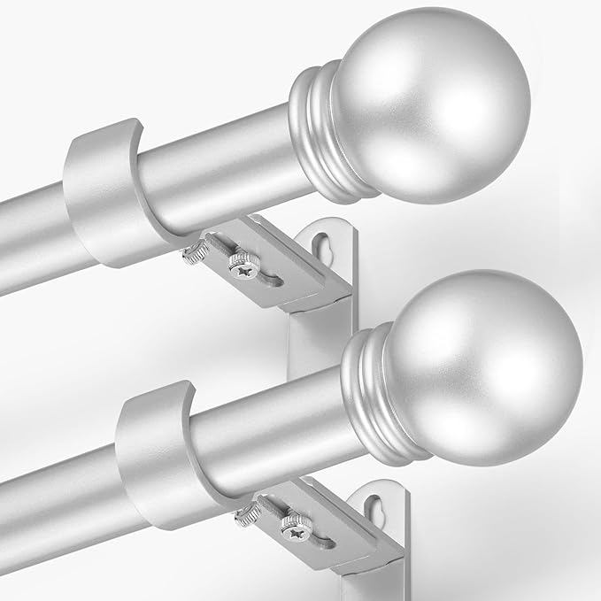 Curtain Rods for Windows 16 to 92 Inches, Curtain Rod Max Adjustable Length of 104 IN, 6/8" Diameter Drapery Rods Round Finials, Satin Silver, Pack of 2