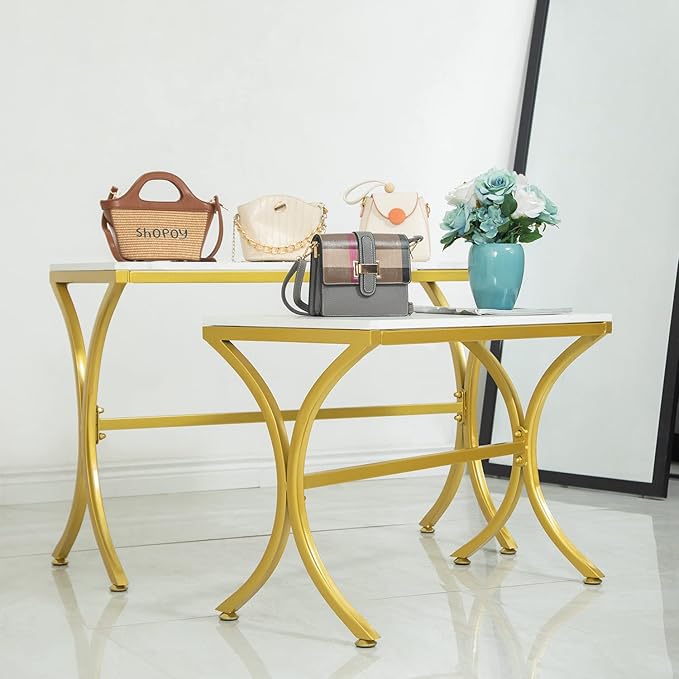Metal Shoe Handbag Display Stand, Display Riser Shelf for Retail Store, Modern Nesting Tables 2 Piece Set, Iron and Wood, Gold