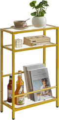 IBUYKE Glass End Table for Small Space, Narrow Side Tables with Storage Shelf, Bedside Table Slim Nightstand with Magazine Holder, for Living Room Home Office, Clear Gold UTMZ002G