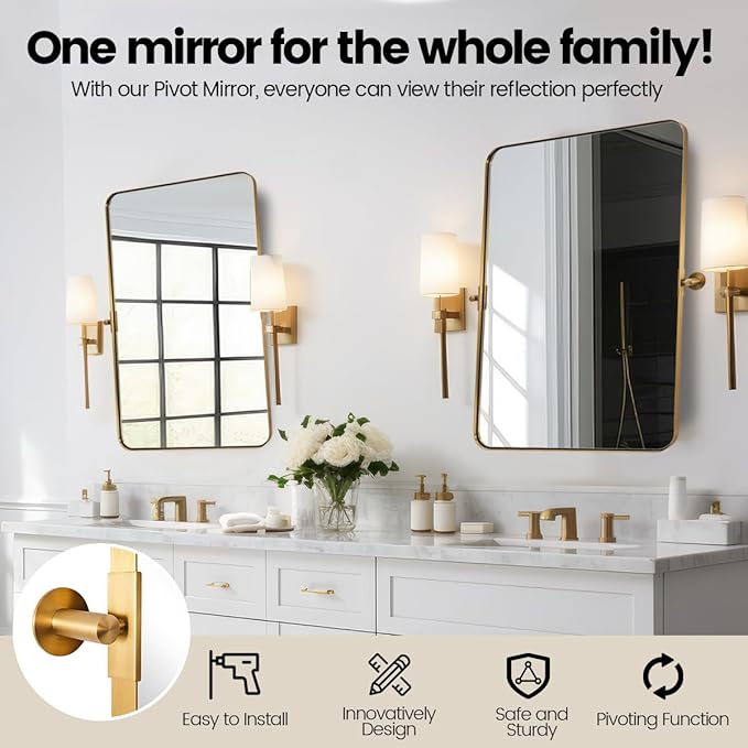 MOON MIRROR Gold Brass Pivot Rounded Rectangle Bathroom Mirror, Brushed Gold Tilt Mirror, Overall 32.33 x 36 in (Mirror 28x 36 in)