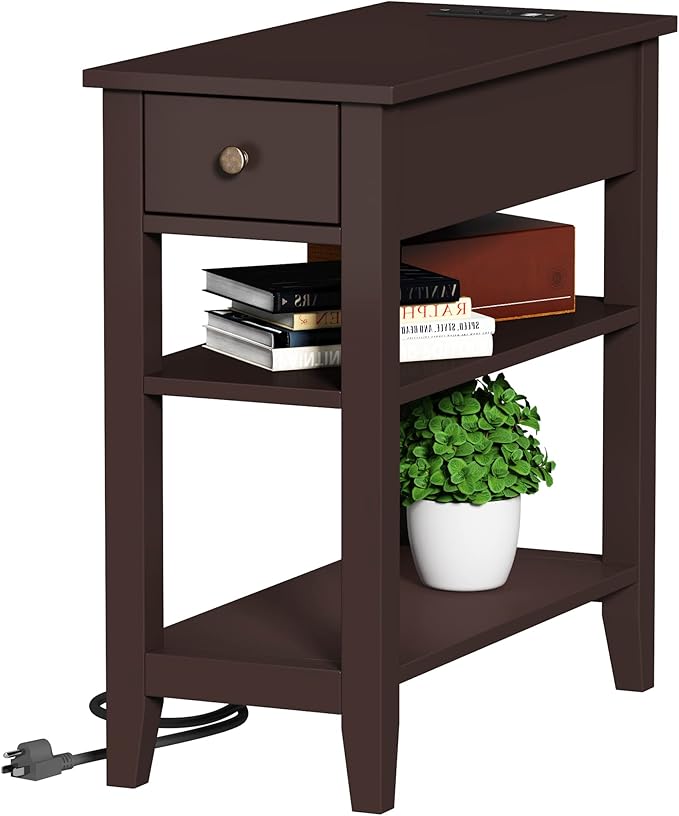 ChooChoo Narrow End Table with Charging Station, Side Table Living Room with USB Ports & Power Outlets and Hidden Drawer, 3-Tier Skinny Nightstand with 2 Open Storage Shelves For Small Place(Espresso)