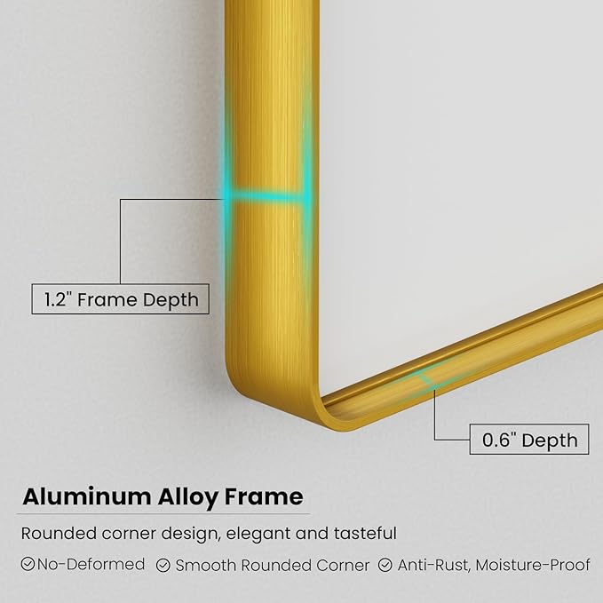 Gold Bathroom Mirror, 48x32 Inch Brushed Gold Metal Frame Mirror for Wall, Rounded Rectangle Bathroom Vanity Mirror, Tempered Glass, Anti-Rust, Horizontal/Vertical