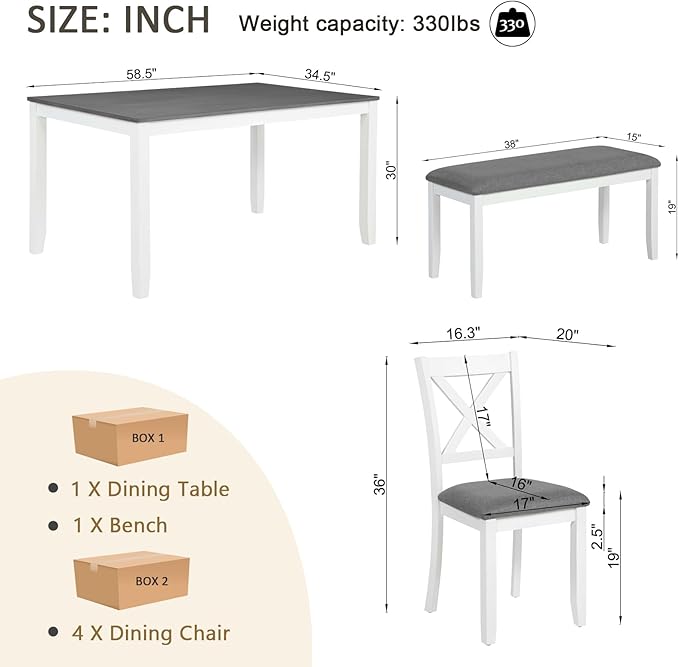 KEIKI 6-Piece Standard Height Dining Table Set with Rectangular Table, 4 Upholstered Chair, Bench, for 6 Person, Modern Style Wooden Table Set, Easy Assembly, for Kitchen, Dining Room, White+Gray