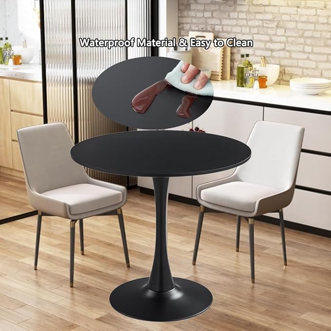 23.4" Tulip Dining Table, Black, Perfect for 2-4 People, Mid-Century Modern Style, Round MDF Top with Sturdy Base for Dining Room, Living Room, Cafe